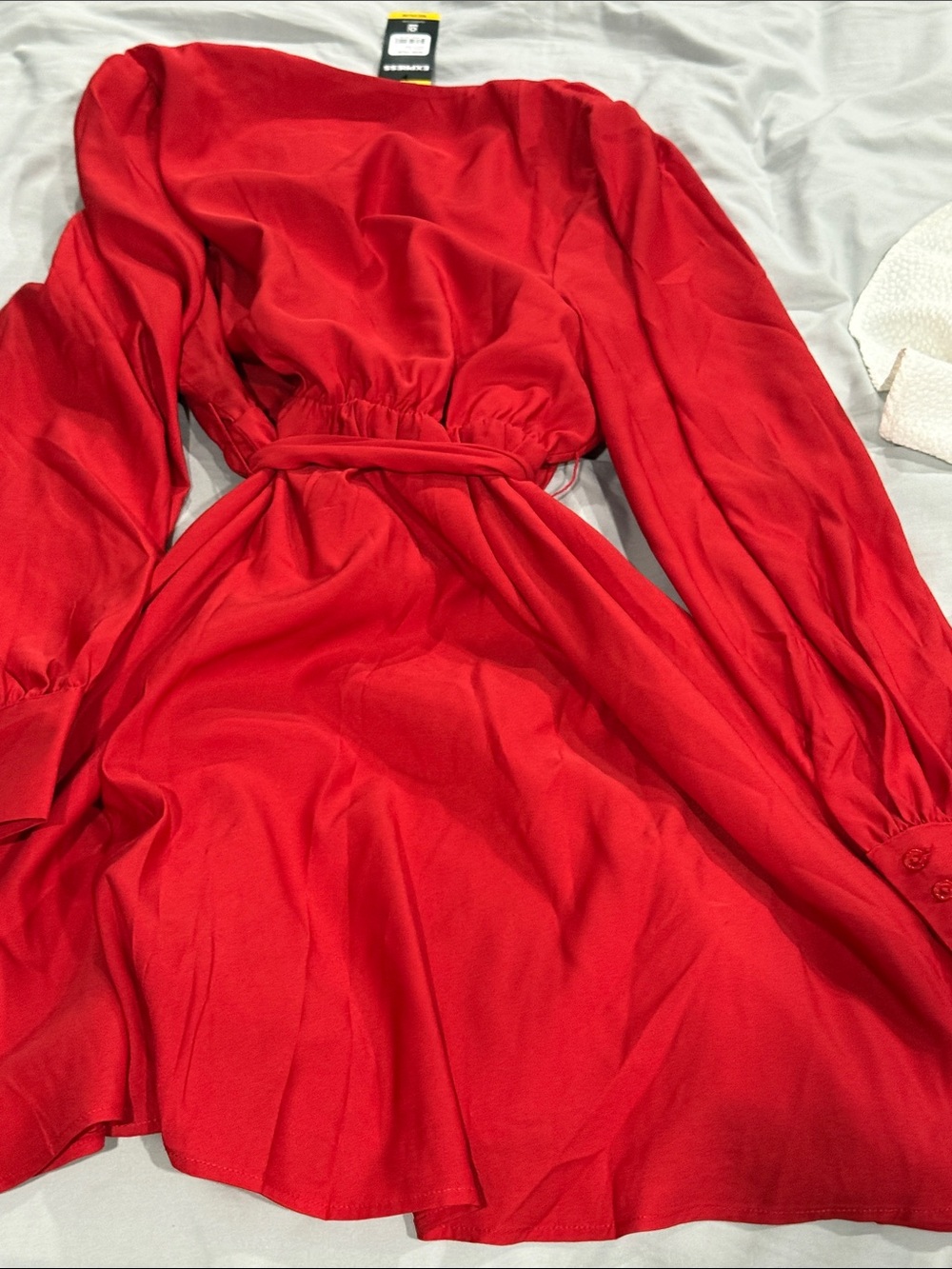 Express Red Long-Sleeve Wrap Dress with Tie Waist - Picture 3 of 7